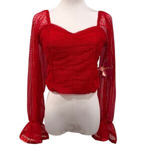 Love x Design Red Sweetheart Ruched Long Sheer Sleeves Top M Valentines Romantic